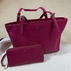 Tory Burch Women Large Hot Pink Robinson Tote Bag With Wallet Saffiano Leather